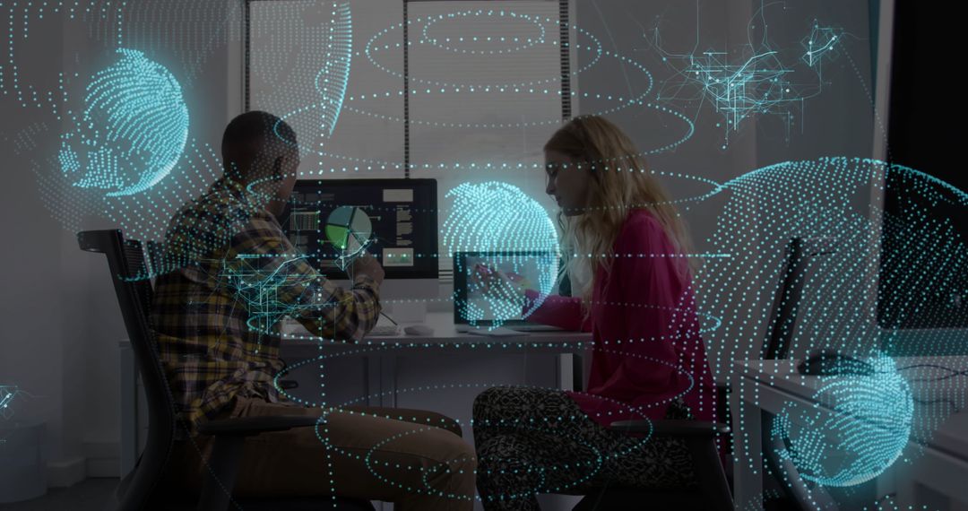 Futuristic Office Collaboration with Dynamic Hologram Visuals