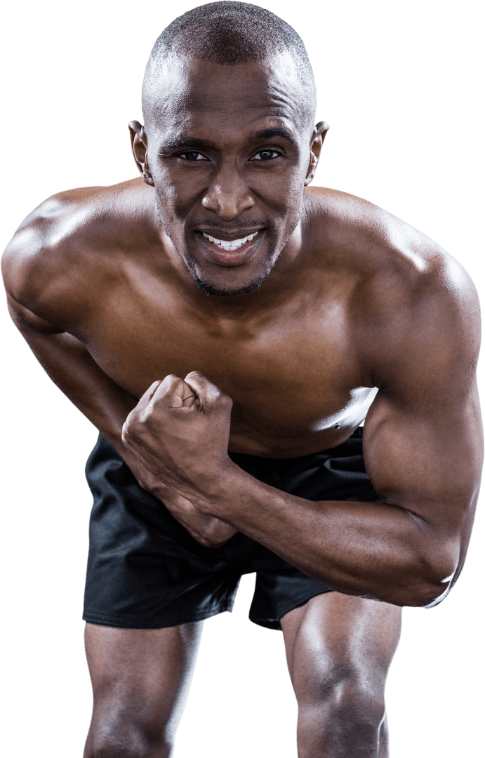 Transparent Muscular Man Flexing Chest and Biceps in Shorts