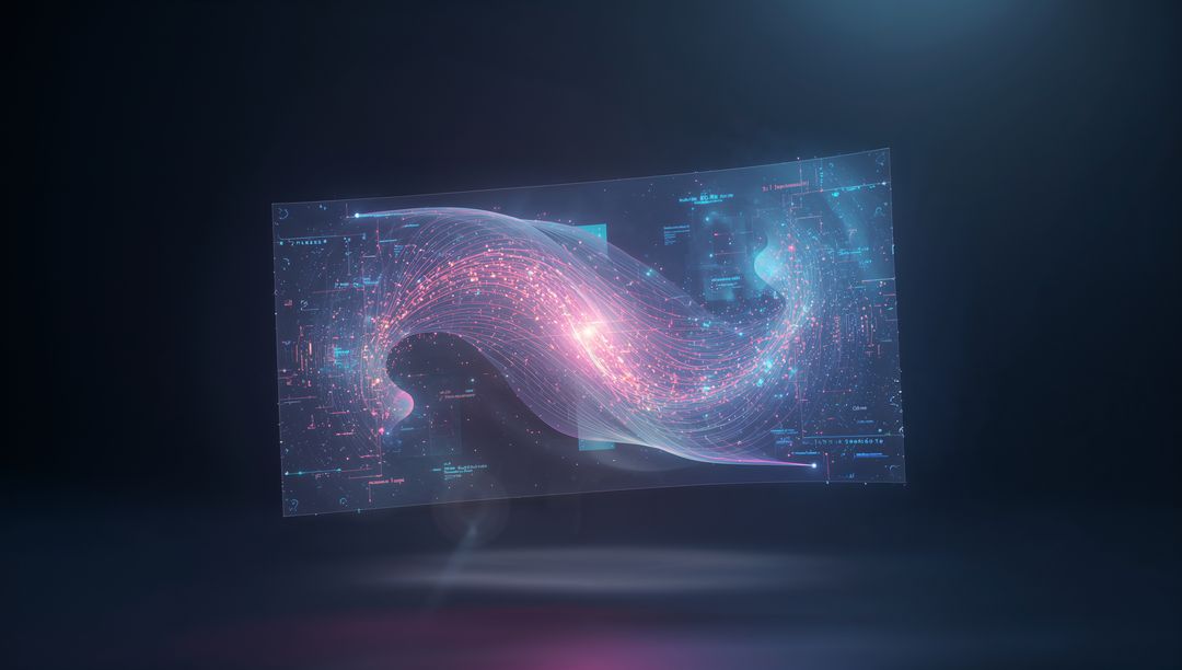 Holographic Particle Wave Interface with Neon Ribbon, Glowing Core and Futuristic Circuit UI