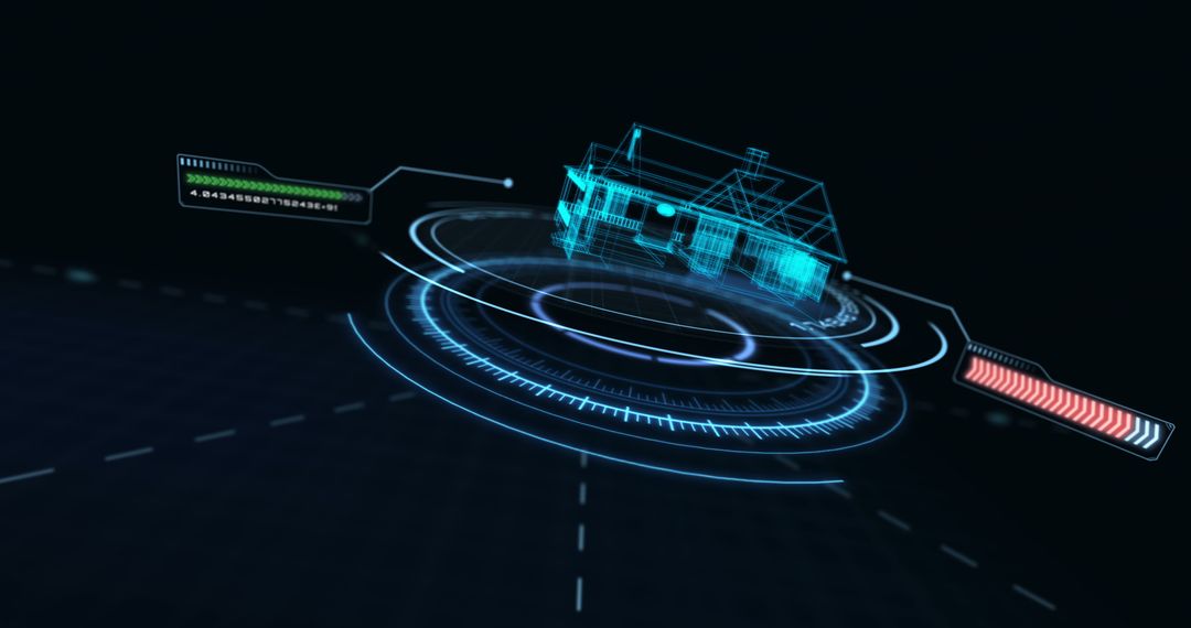 Futuristic Digital House Wireframe and HUD Elements