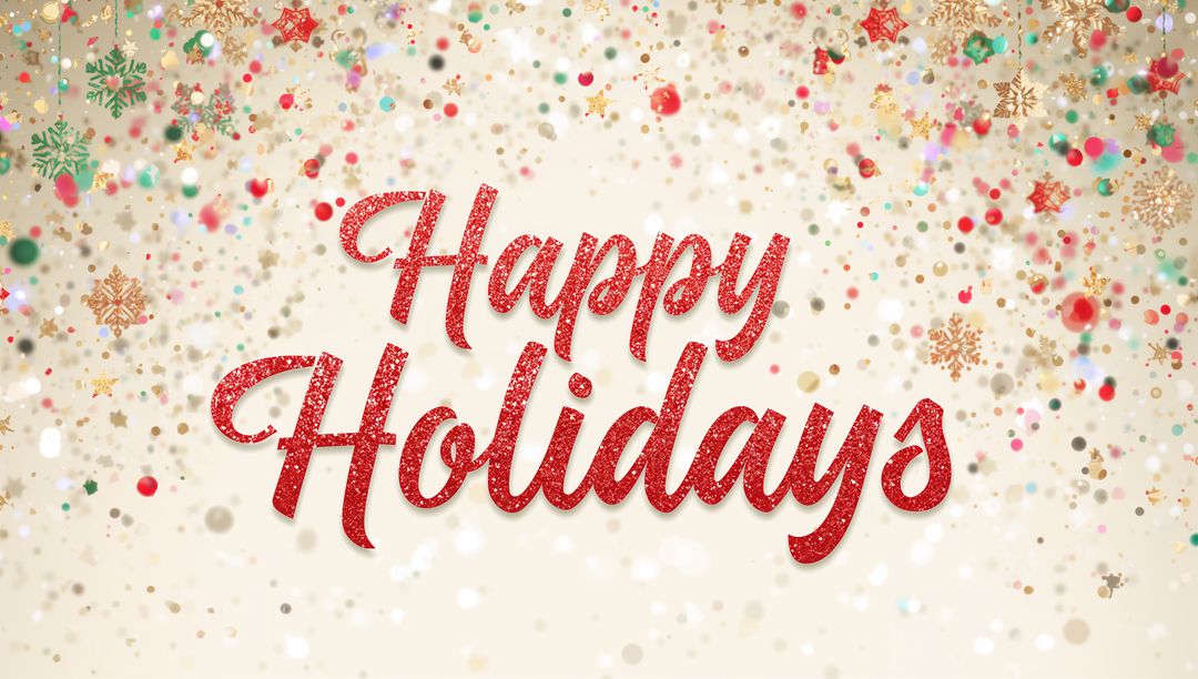 Sparkling Red 'Happy Holidays' Glitter Lettering with Festive Confetti and Gold Bokeh