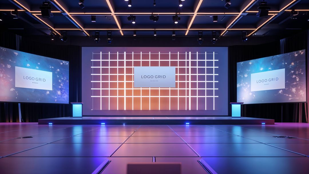 Modern Event Hall With Central LED Screen and Illuminated Podiums