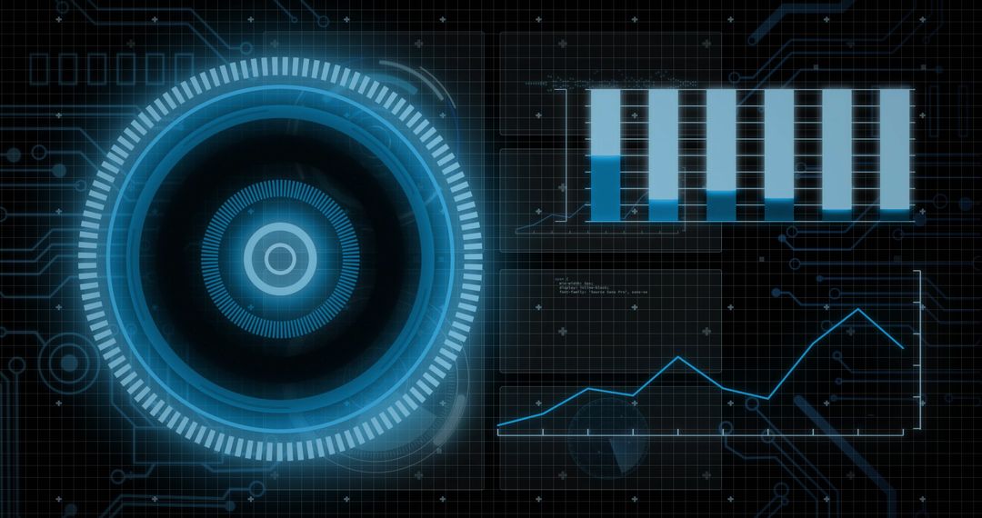Futuristic Data Processing Interface with Graphs and Advertisement Elements
