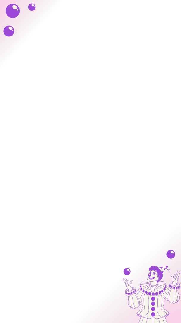 Transparent Clown Juggling Purple Spheres Over Pink Gradient