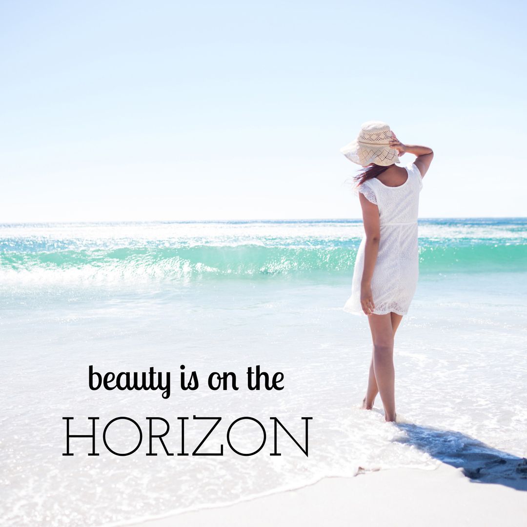 Woman in White Dress Embracing Ocean Serenity at Horizon