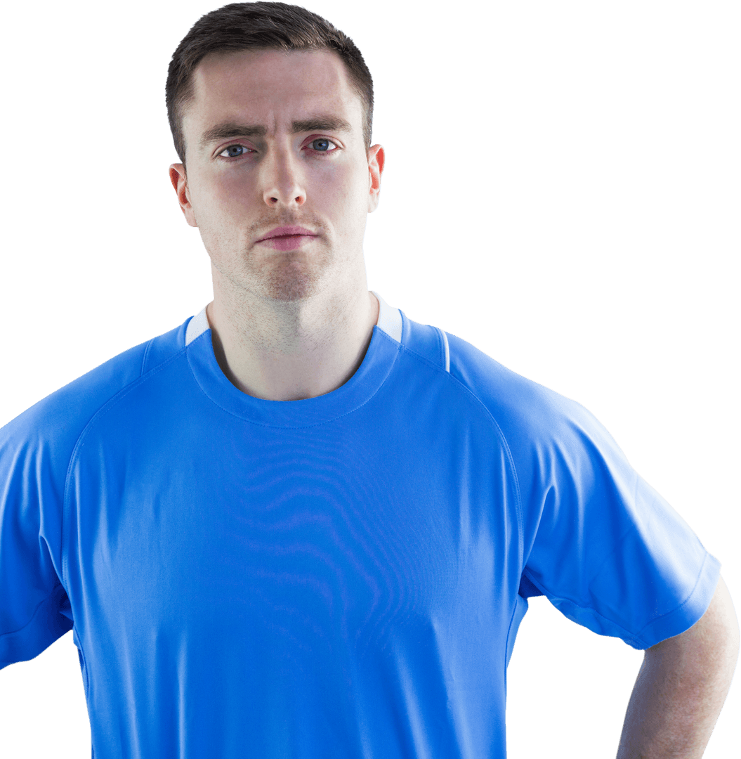 Rugby Player in Blue Jersey Looking Focused on Transparent Background