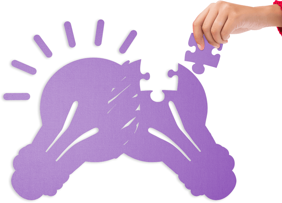 Hand Placing Puzzle Piece for Transparent Purple Lightbulb Illustration