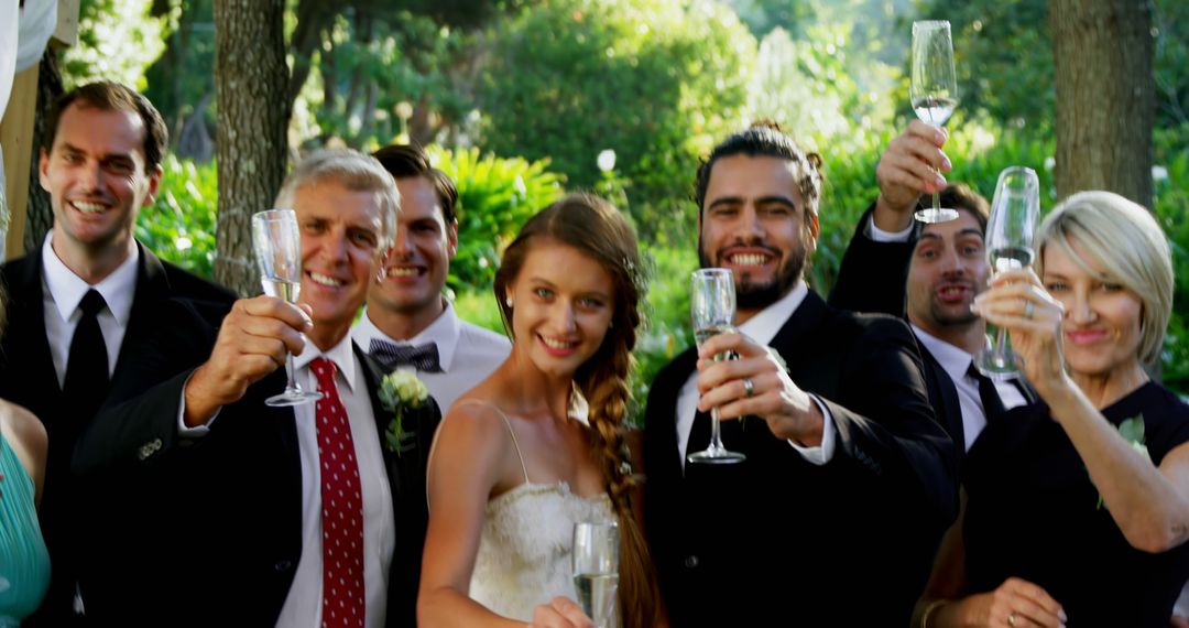 Happy wedding guests toasting newlyweds in garden ceremony - Free Images, Stock Photos and Pictures on Pikwizard.com