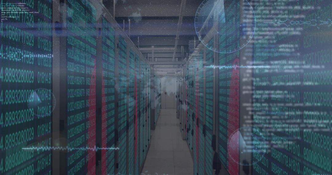 Streaming code overlay across high-density data center aisle with glowing server racks