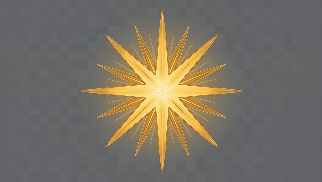 Glowing Multi-Pointed Golden Star Ornament Hovering on Gray Checkered Background with Halo Glow