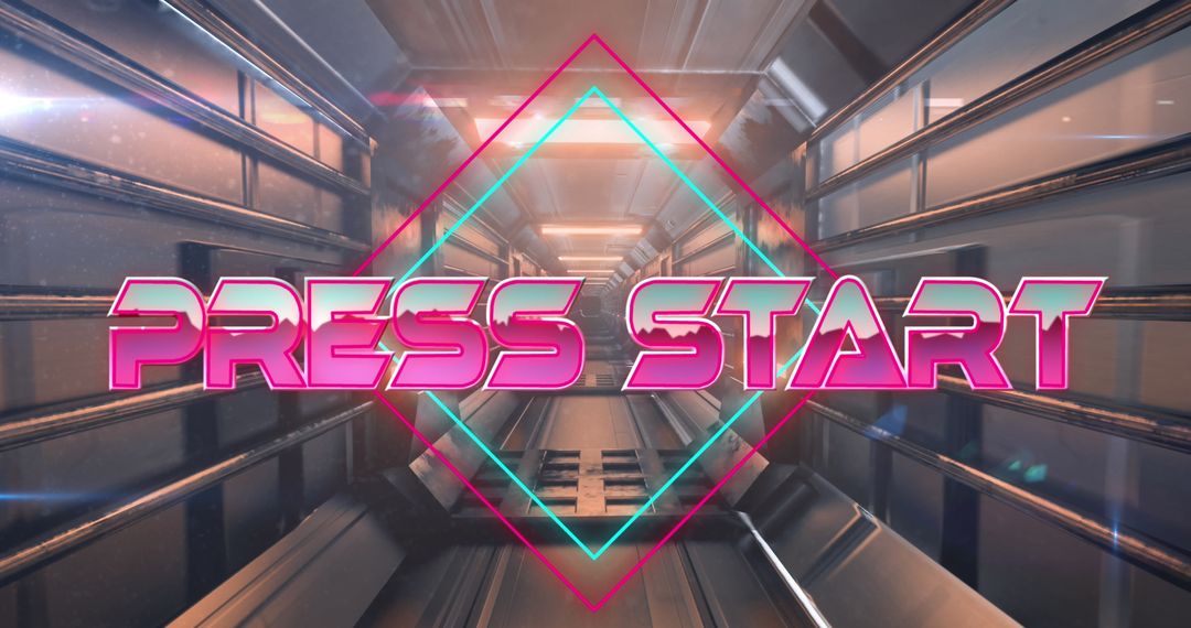 Retro Futuristic Press Start Game Prompt in Digital Tunnel