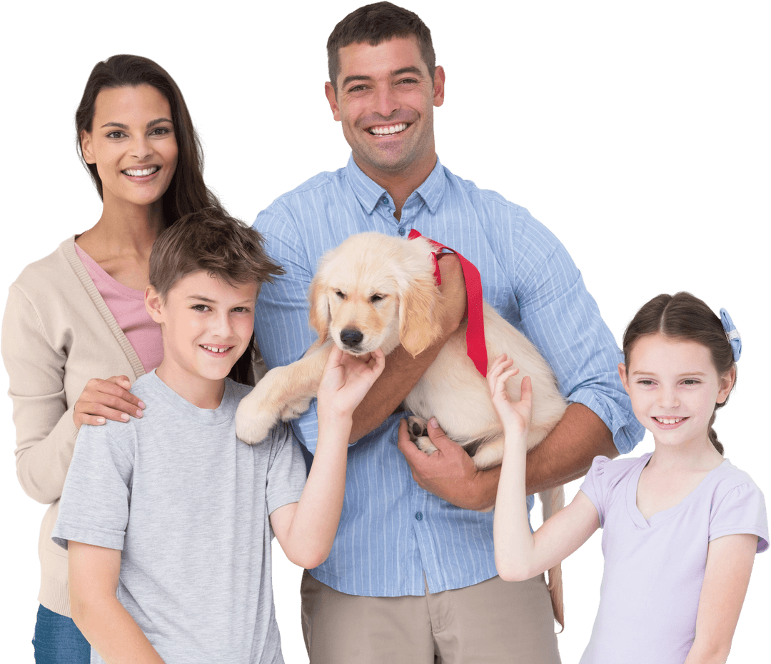 Happy Family with Children and Their Adorable Dog on Transparent Background