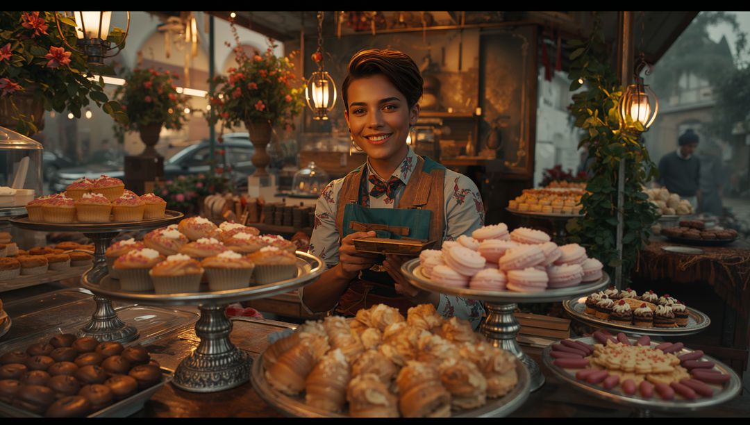 Smiling Vendor Showcasing Pastries at Dusk Market Stall
