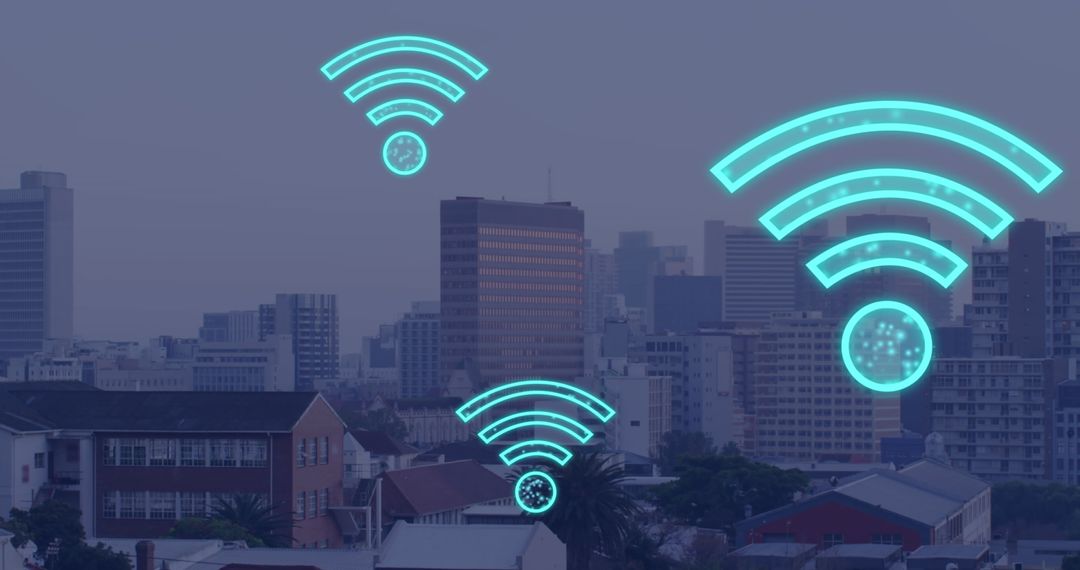 Digital Wi-Fi Icons Overlay Urban Cityscape Skyline