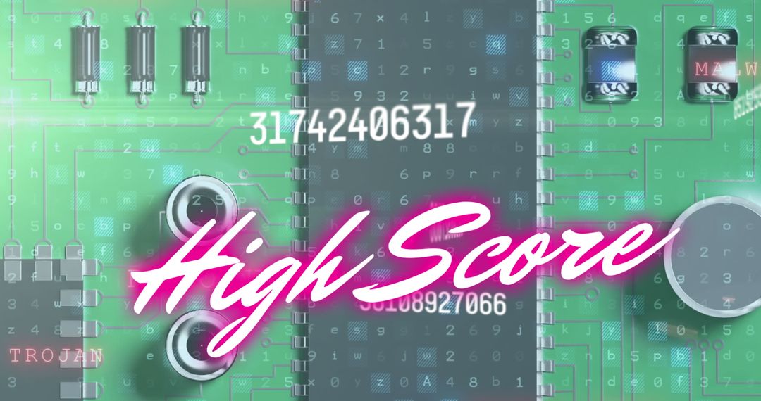 Neon High Score Overlay on Circuit Board and Data