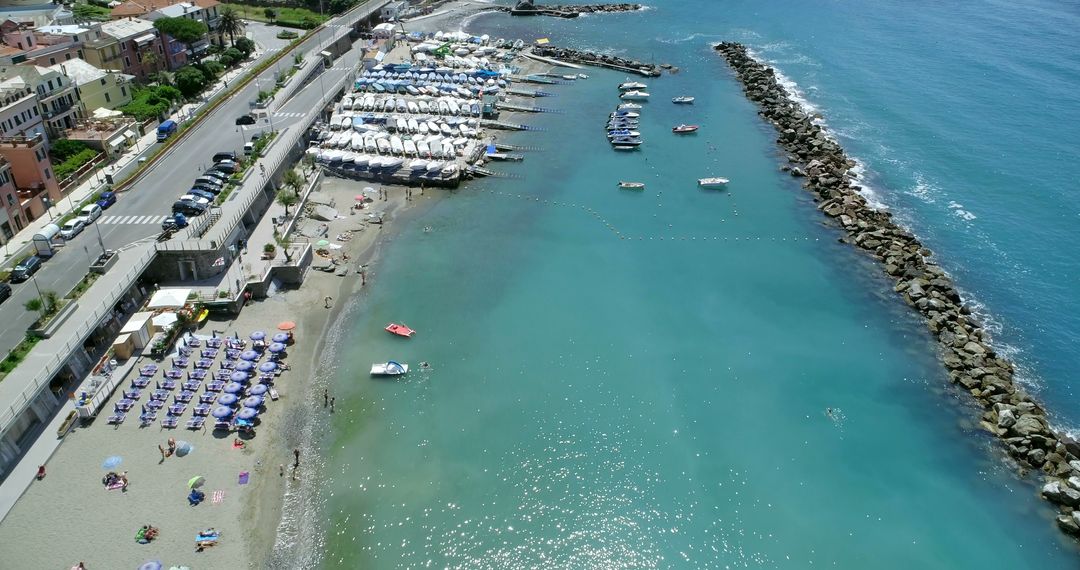 Coastal Aerial View of Seaside Beach Amenities and Boats - Free Images, Stock Photos and Pictures on Pikwizard.com