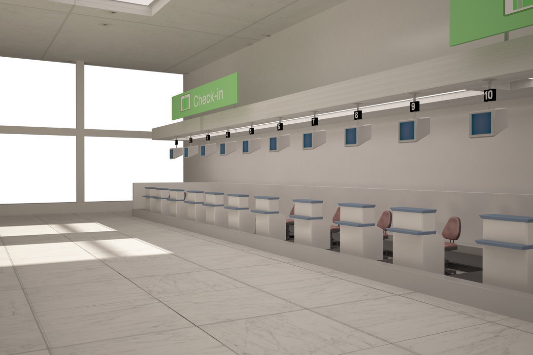 Transparent Airport Check-In Area Illustration with Row of Empty Desks - Download Free Stock Images Pikwizard.com