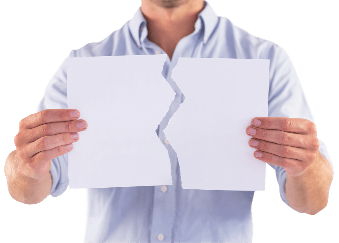 Man Holding Torn Paper on Transparent Background