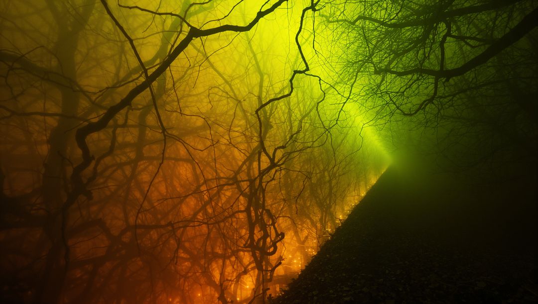 Enigmatic Tangled Branches with Colorful Misty Pathway