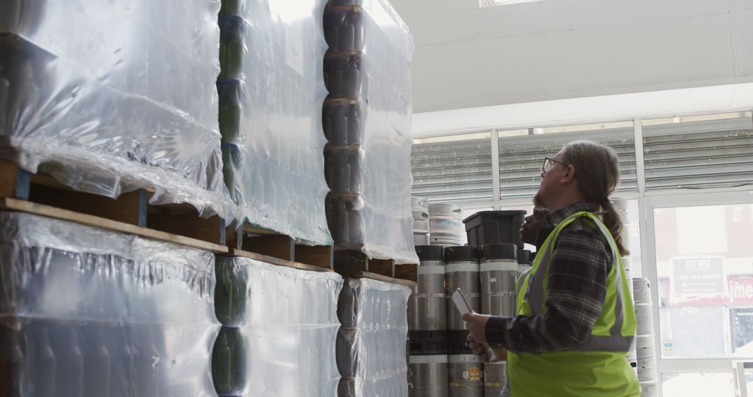 Warehouse Worker Examining Stacked Pallets for Quality Control - Free Images, Stock Photos and Pictures on Pikwizard.com