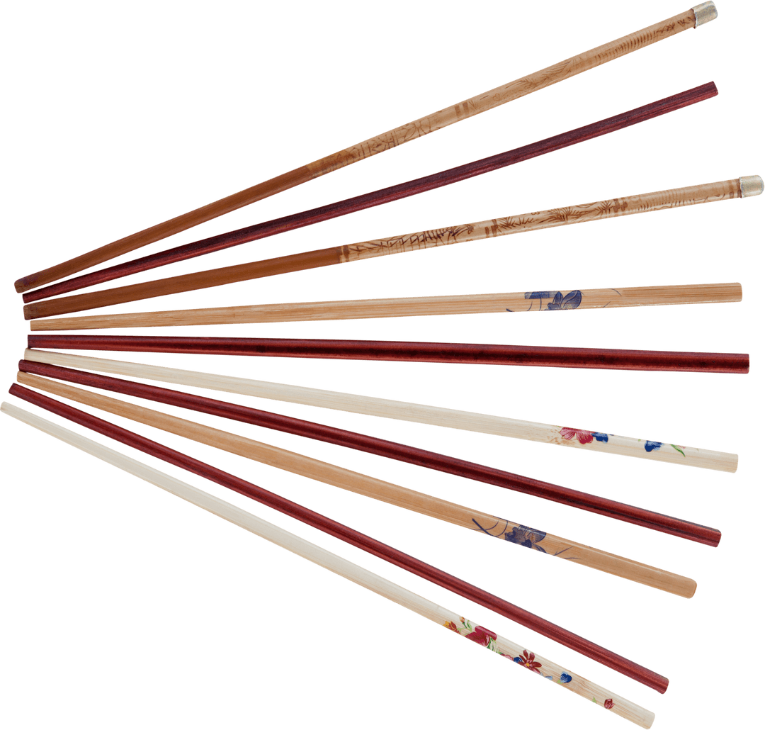 Assorted Wooden Chopsticks Close-up on Transparent Background