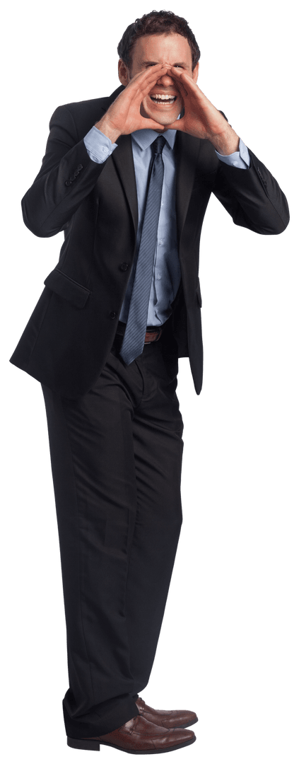 Caucasian Businessman Shouting with Hands Cupped on Transparent Background