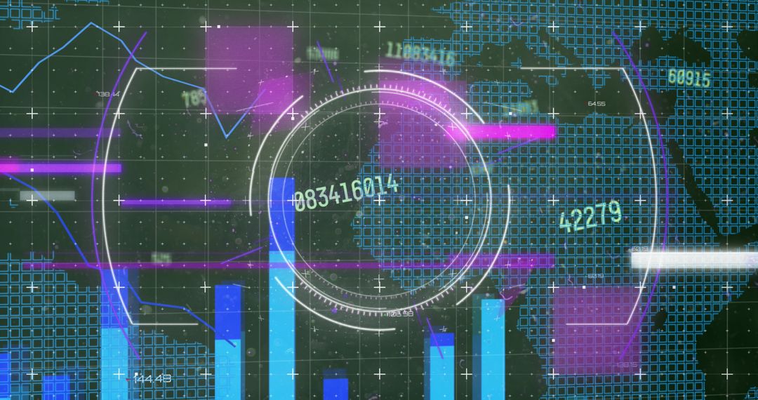 Futuristic Digital Interface Overlay with World Map and Data Graphs