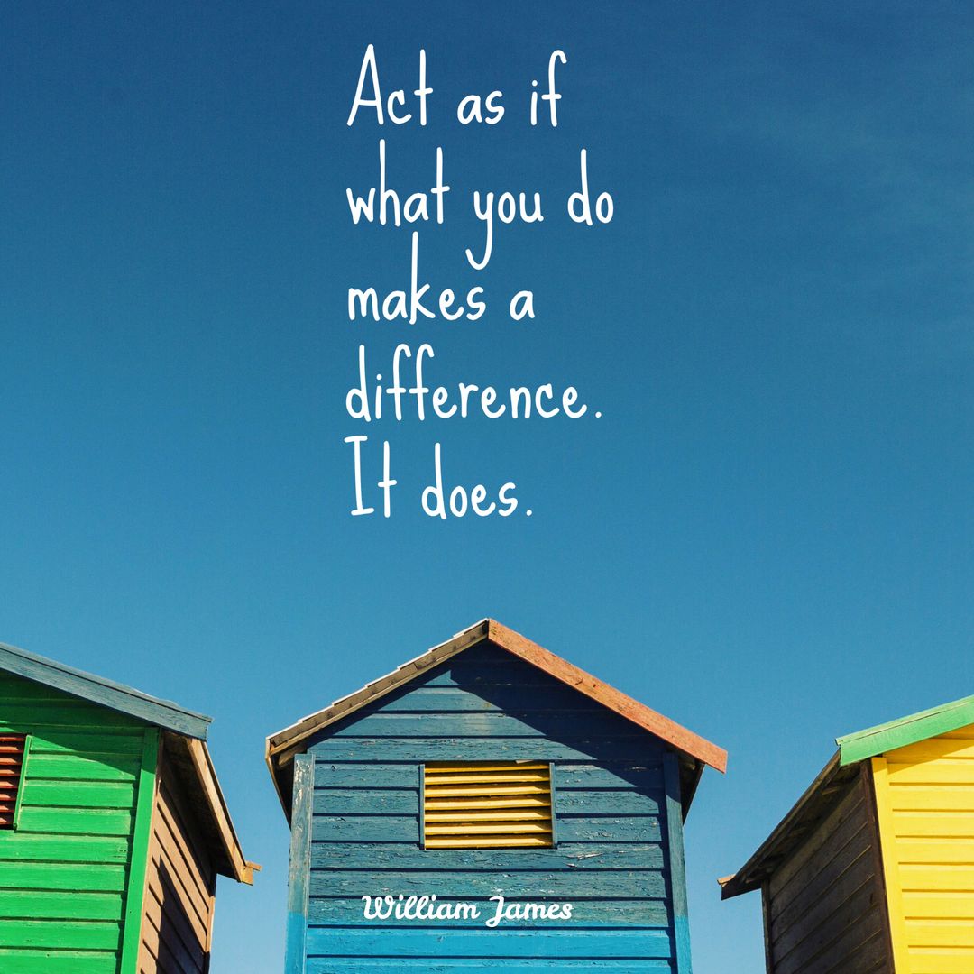 Colorful Beach Huts and Inspirational Quote Against Clear Blue Sky - Download Free Stock Templates Pikwizard.com