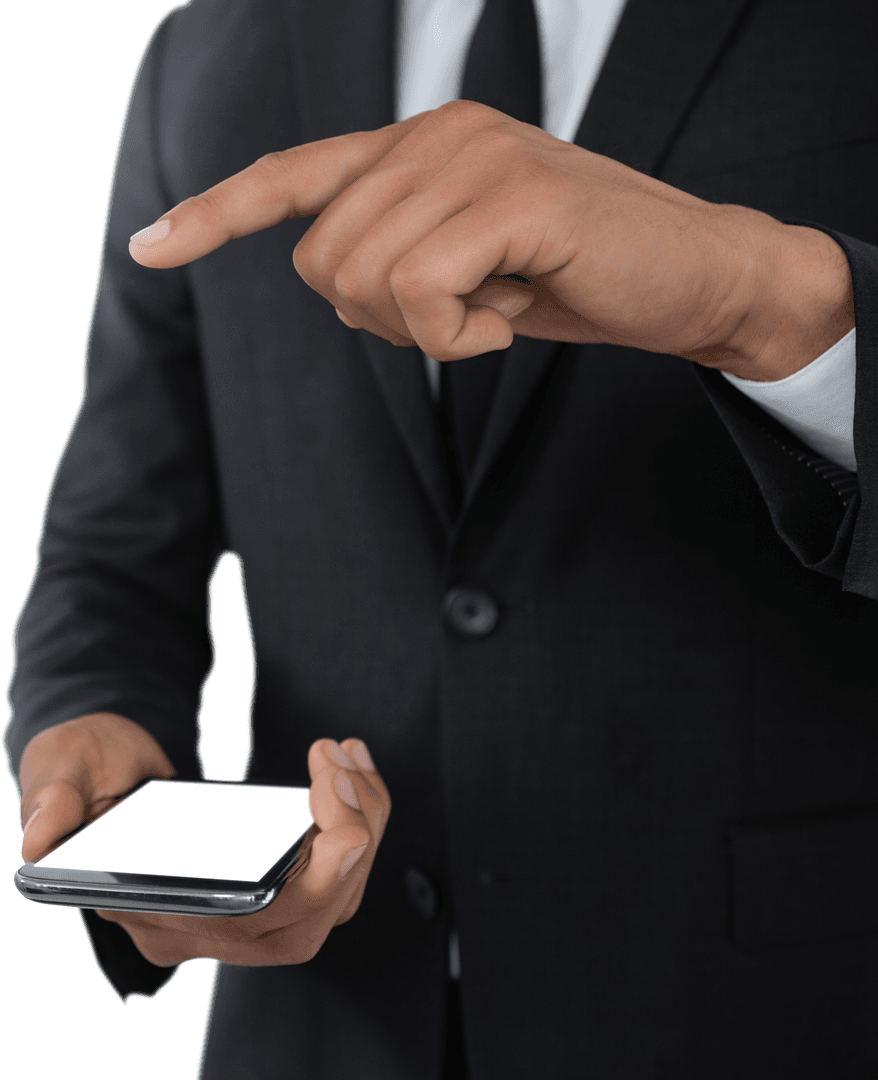 Businessman Pointing Toward Modern Mobile in Transparent Overlay