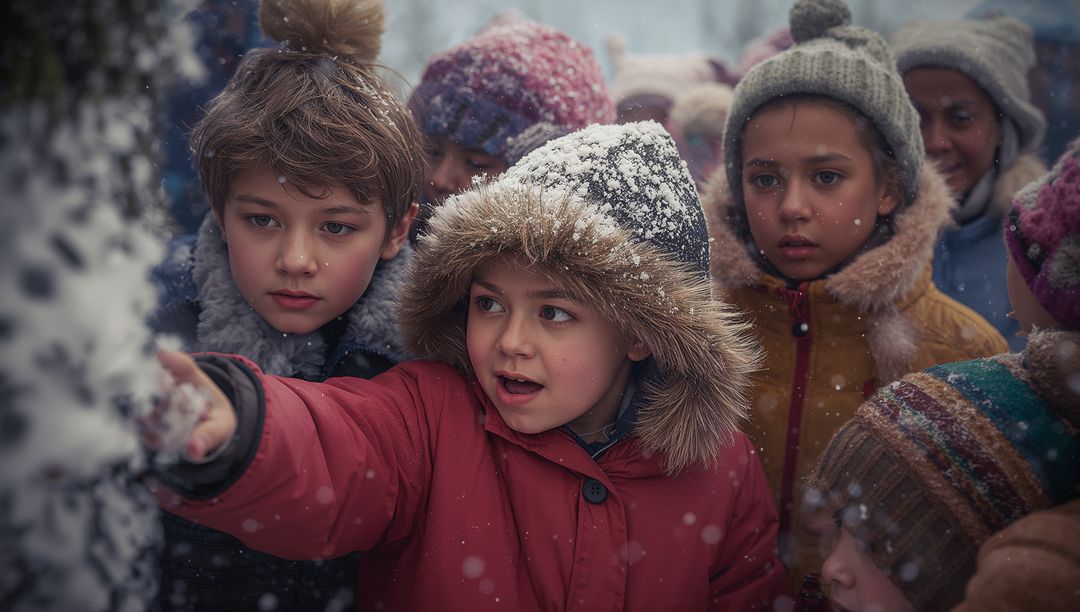 Children Playing in Snowy Park Amidst Falling Snowflakes