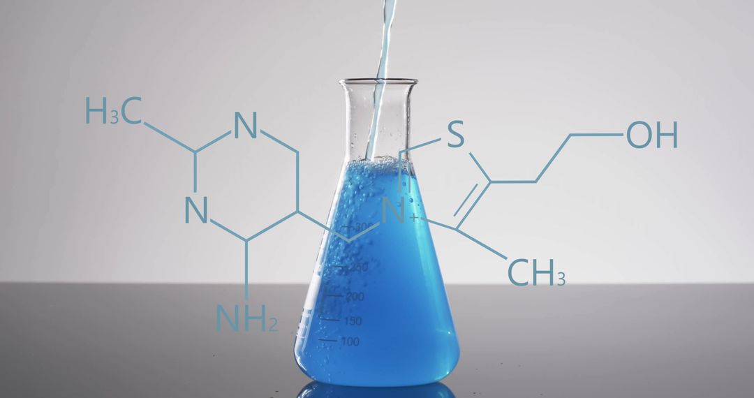 Blue Liquid Being Poured into Laboratory Beaker with Molecular Structures