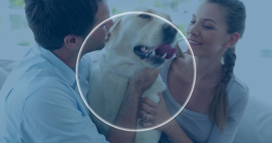 Couple Enjoying Leisure Time with Labrador Retriever at Home
