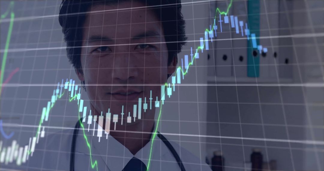 Asian Doctor Background with Financial Graph Overlay