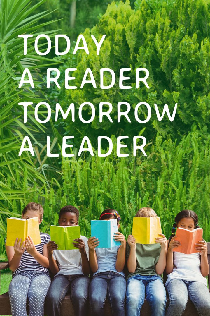 Children Enthralled by Books in Lush Green Environment