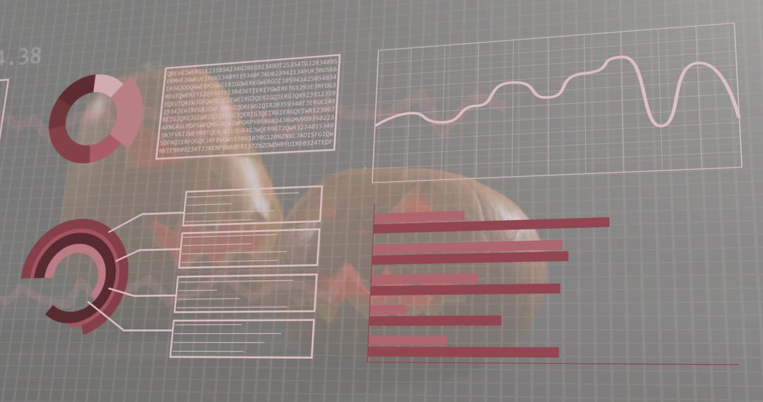 Showing futuristic translucent HUD analytics dashboard with pink charts and grid interface