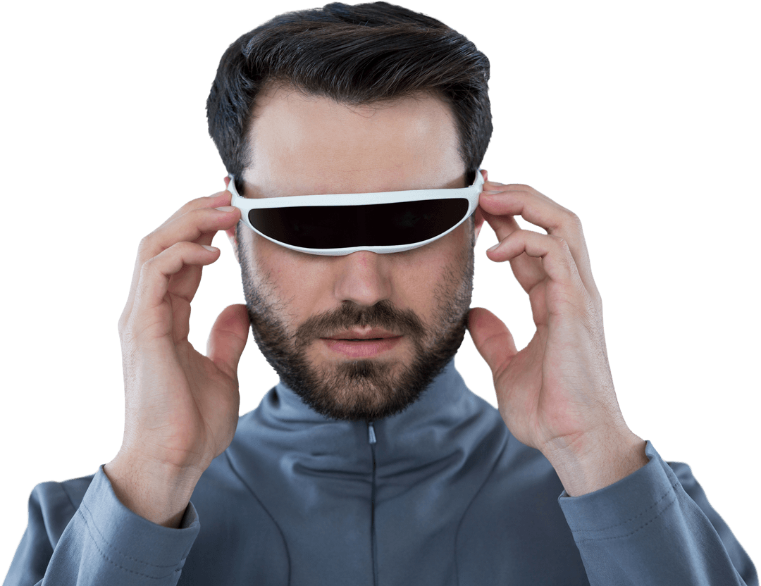 Close-up of Man Adjusting Futuristic Transparent VR Glasses