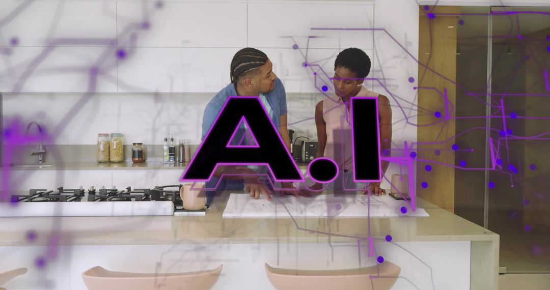 Collaborative AI-Assisted Design Studying Blueprint on Marble Kitchen Island