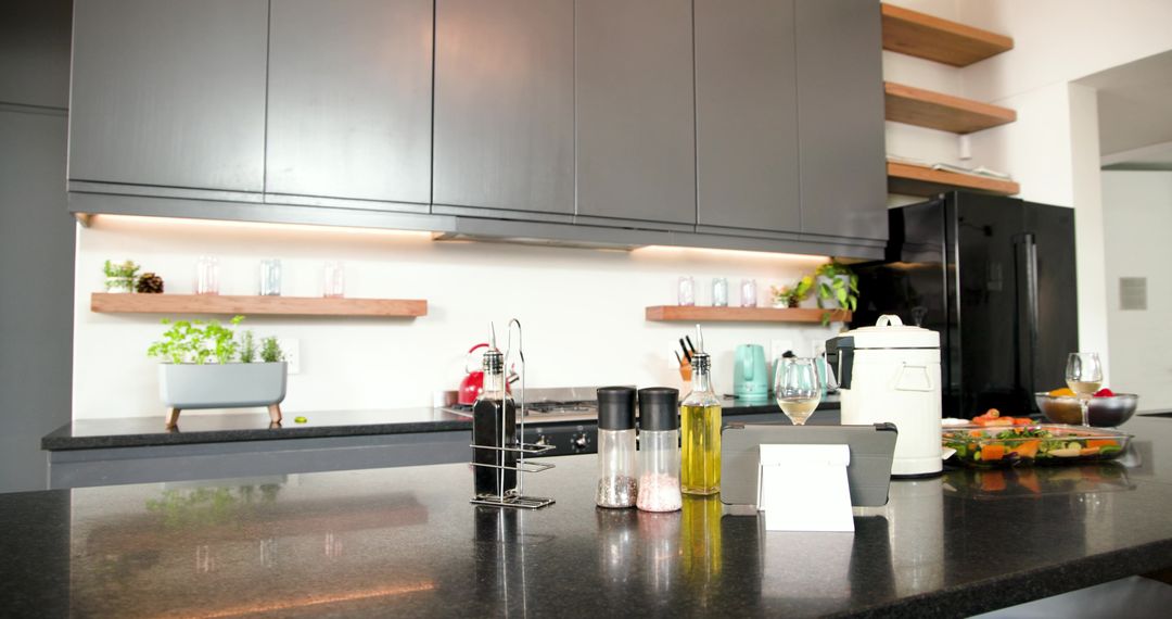 Modern Kitchen Countertop with Culinary Essentials and Storage