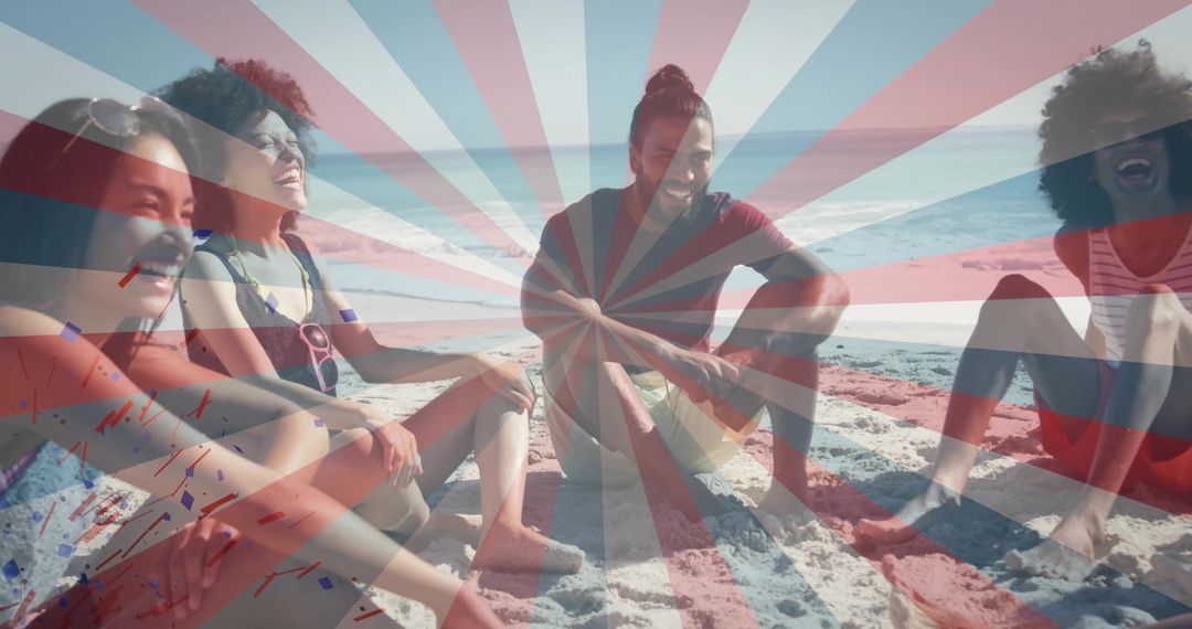 Joyful Friends Relaxing on Sandy Beach Under Sunny Sky