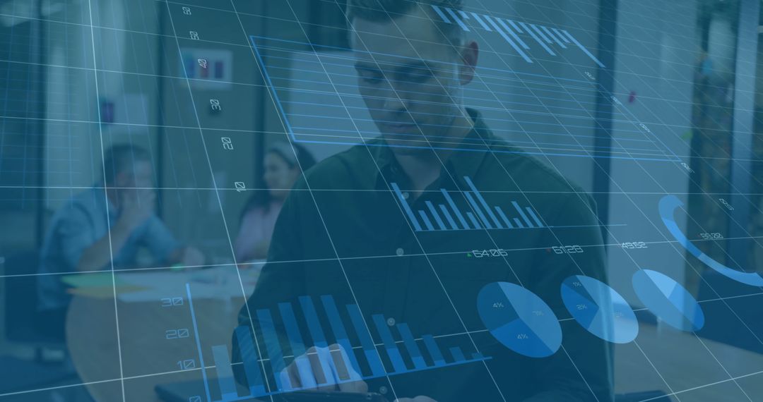 Caucasian Businessman Analyzing Data with Tablet in Modern Office