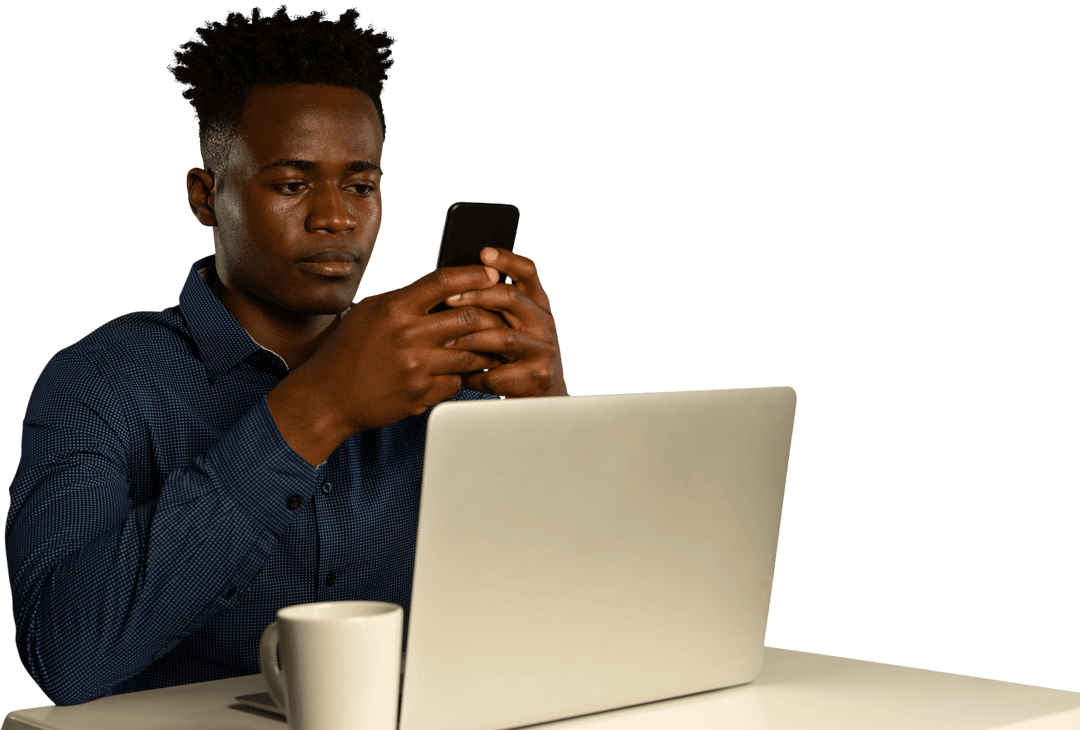 Focused Man Using Smartphone at Desk with Transparent Background