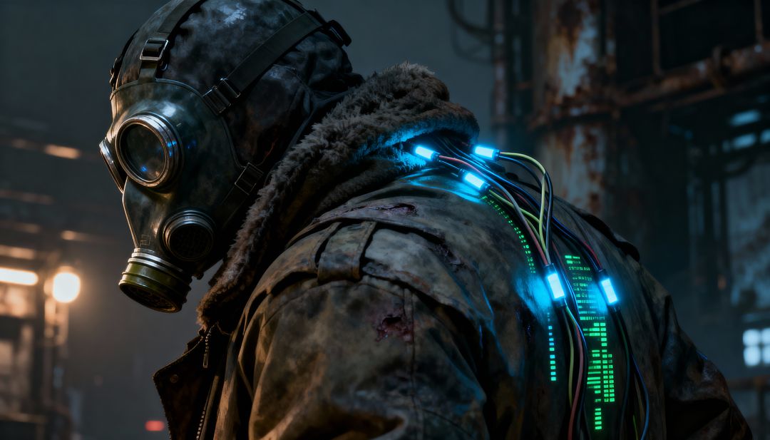 Post-Apocalyptic Survivor Wearing Gas Mask and Glowing Cyber Cables in Abandoned Factory
