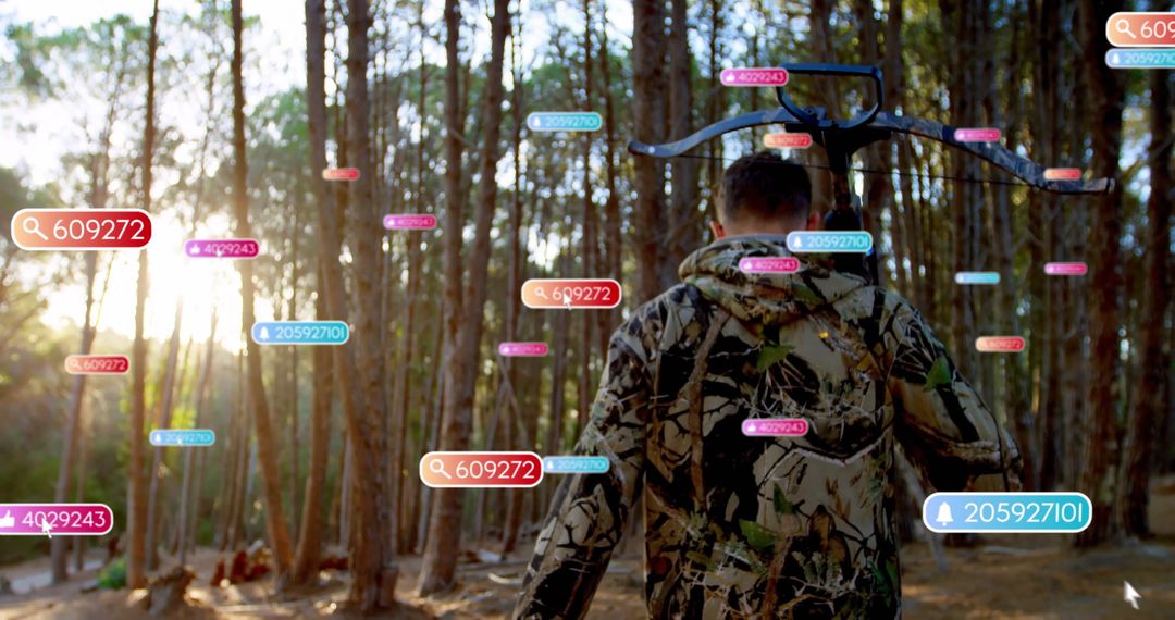 Hunter in Camouflage with Data Overlays in Pine Forest