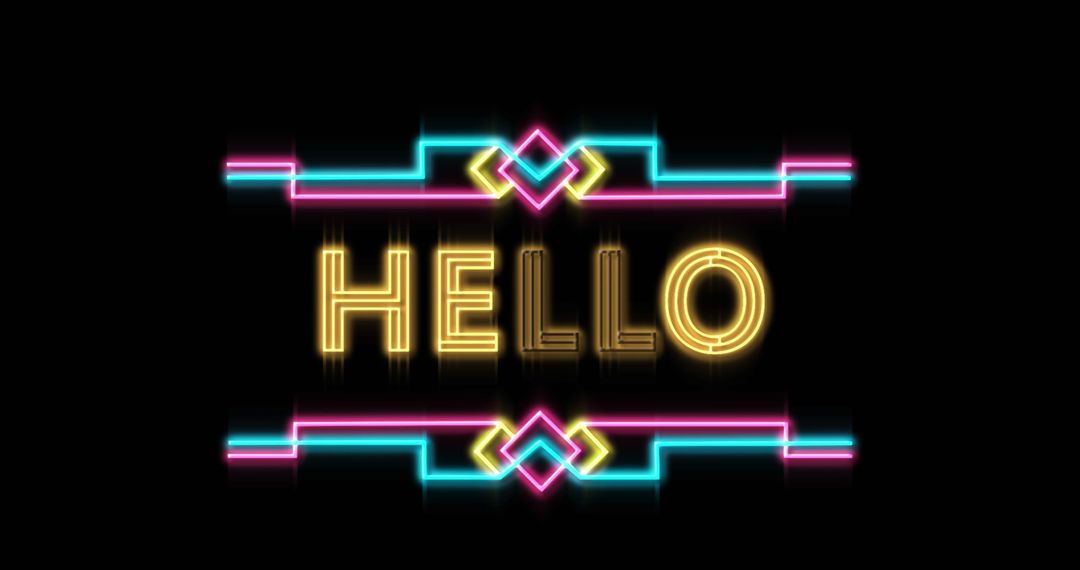 Hello in Neon with Abstract Shapes on Black Background