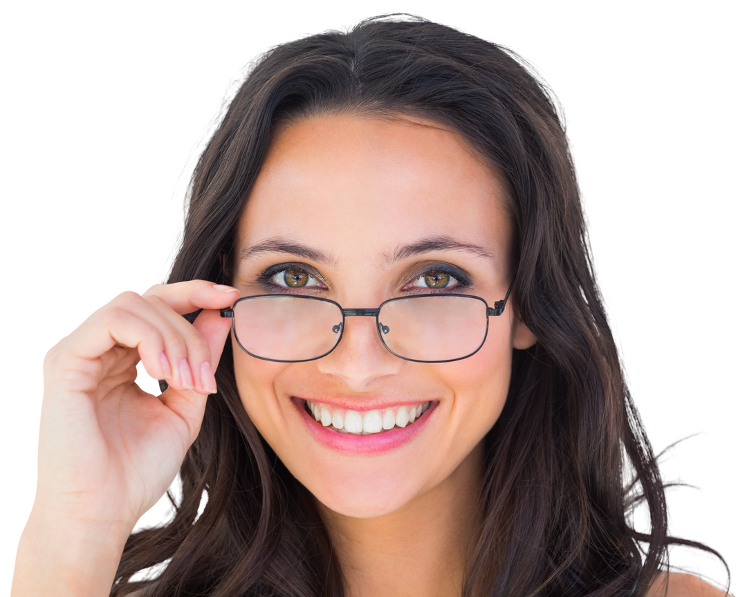 Brunette Woman Wearing Transparent Glasses Smiling Brightly - Download Free Stock Images Pikwizard.com