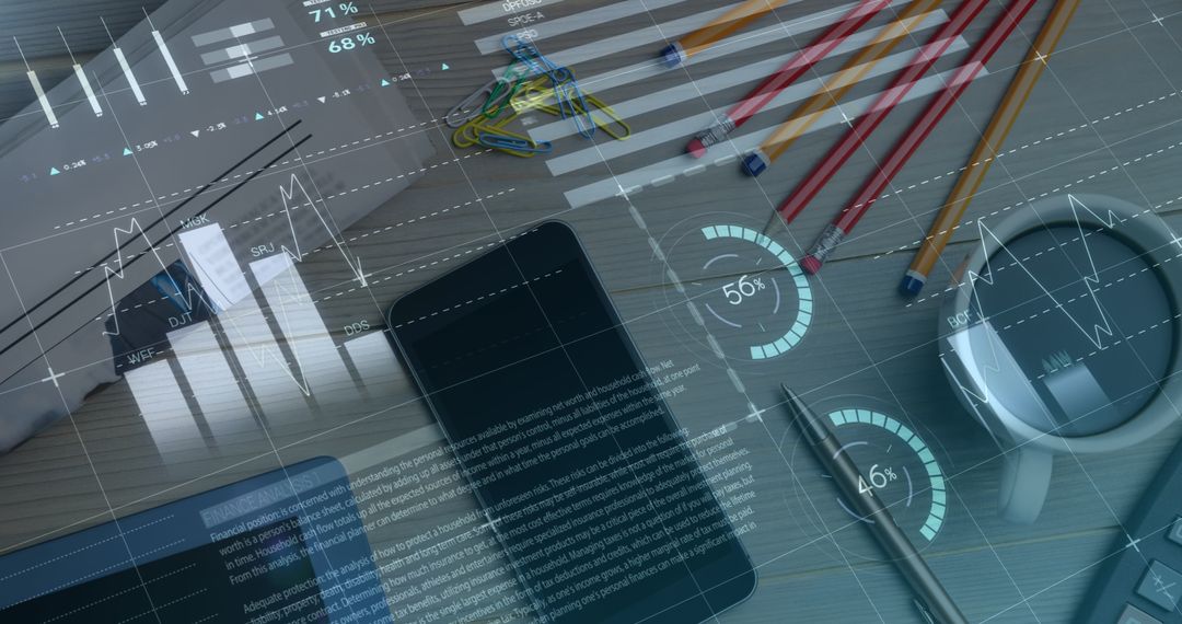Digital Finance Data Visualized on Workspace Desk Overlay