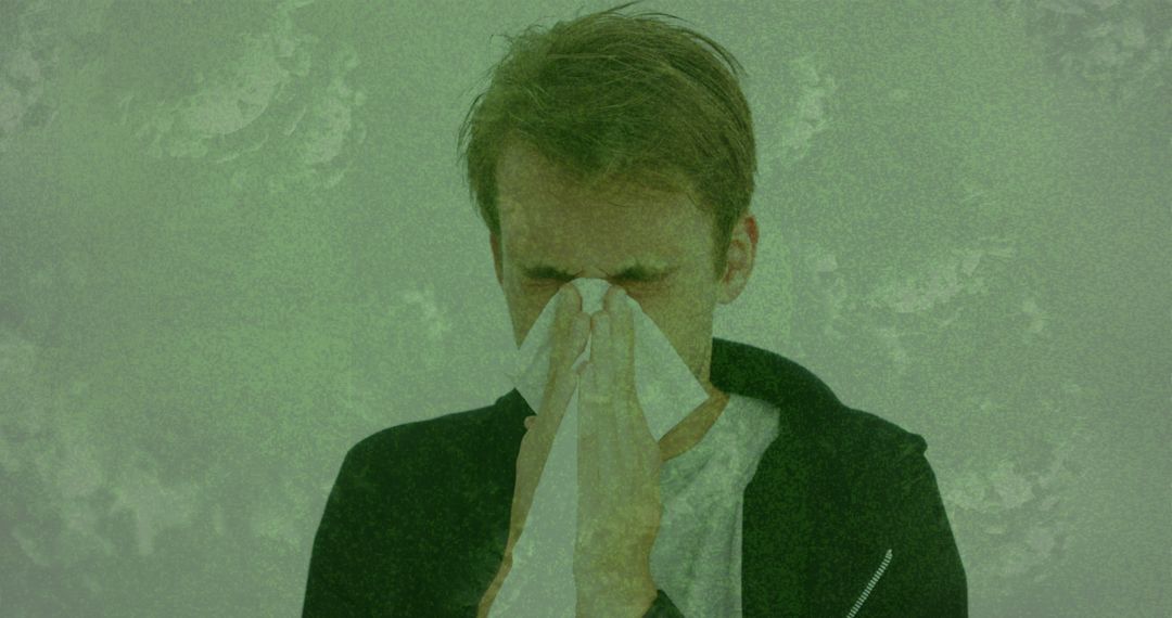 Man Sneezing with COVID-19 Virus Overlay