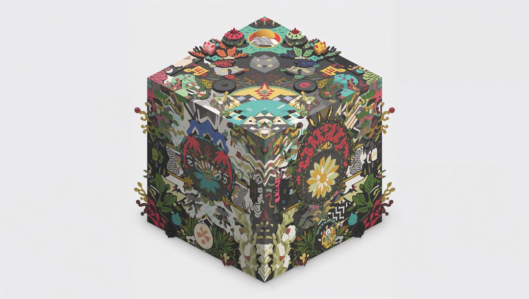 Vibrant Floral Mandala Cube Featuring Geometric Patterns, Symmetry, and Botanical Motifs
