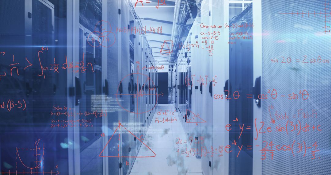 Data Stream Overlay on High-Tech Server Room