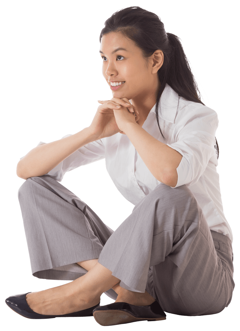 Transparent Businesswoman Smiling in Sitting Pose with Hands together